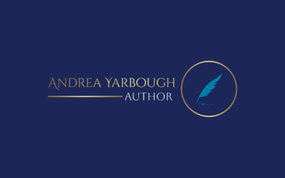 Image of blue quill pen enclosed in gold circle with words Andrea Yarbough Author