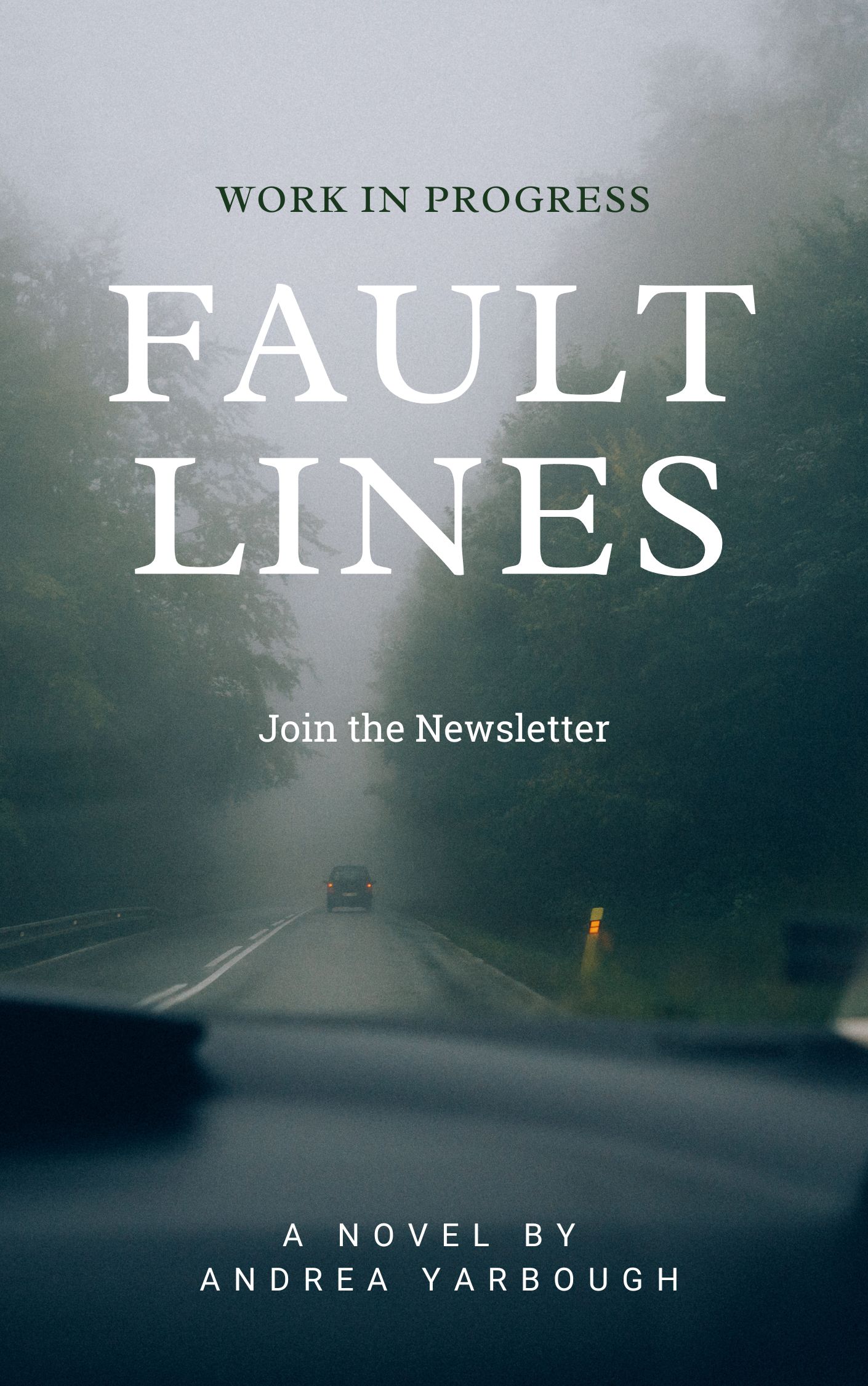 Image of a foggy road as seen through the windshield of a car | Fault Lines WIP Mockup